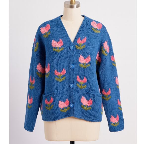 Rare NWT Vintage Amano S/M Hand Knit Cotton Cardigan Tulips Floral Blue Bolivia - Picture 1 of 10